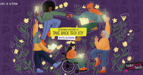 On a dark purple background are surveillance icons and "16 Days of Activism" is on the top left corner. The central image is of diverse women holding glowing tech devices, surrounded by flowers. Text in the middle: Networking resistance #NoTechForWar