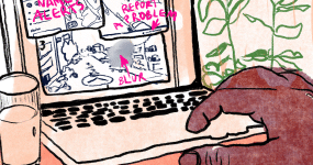 Illustration of a computer screen with a hand typing, exploring options to defend against stalking. Options on the screen include name alert, block and report a problem. A glass of water is on the left side of the computer and a plant is on the right. Illustration by Laura Ibáñez López.