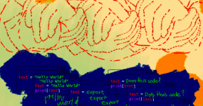 Three pairs of hands clasping each other, seemingly stitched on a cloth. Below is text being put into code: "Hello world" and "Does this code?" with chaotic running text behind this.