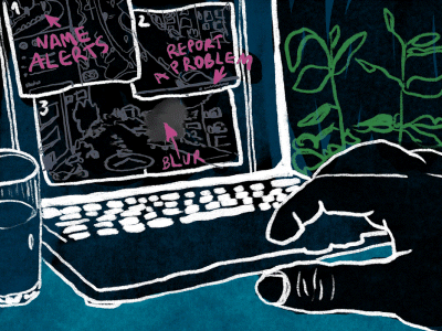 Illustration of a computer screen with a hand typing, exploring options to defend against stalking. Options on the screen include name alert, block and report a problem. A glass of water is on the left side of the computer and a plant is on the right. Illustration by Laura Ibáñez López.