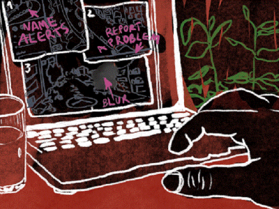 Illustration of a computer screen with a hand typing, exploring options to defend against stalking. Options on the screen include name alert, block and report a problem. A glass of water is on the left side of the computer and a plant is on the right. Illustration by Laura Ibáñez López.